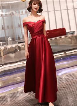 Picture of Dark Red Color Off Shoulder Satin Long Prom Dresses, Red Color Evening Dresses Bridesmaid Dresses